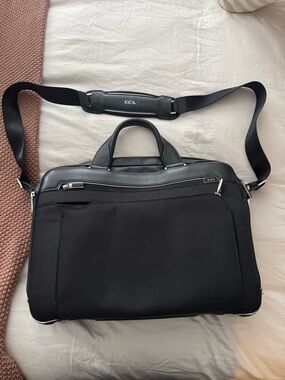 Tumi Black Nylon Laptop Briefcase with Leather Trim and Shoulder Strap
